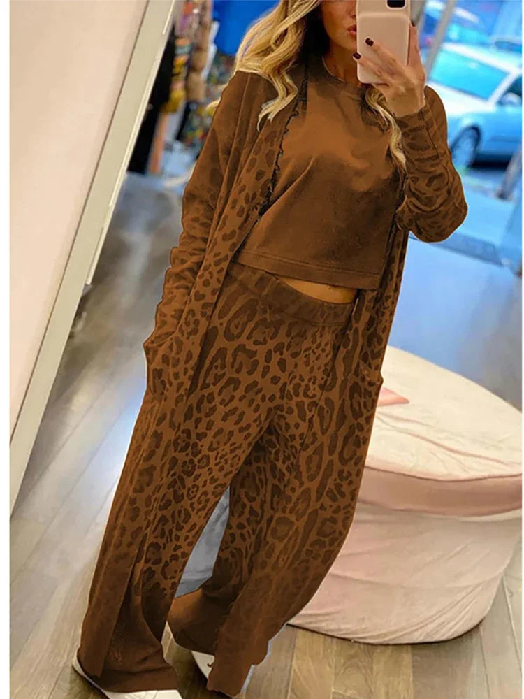 Janice - Leopard print pocket long sleeve cardigan and elasticated waist trouser set