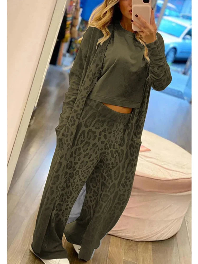 Janice - Leopard print pocket long sleeve cardigan and elasticated waist trouser set